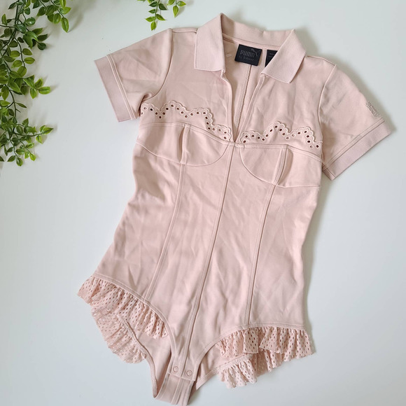 Puma Fenty By Rihanna Pink Lace Polo Collar Bodysuit Shirt Size Medium - Picture 4 of 12